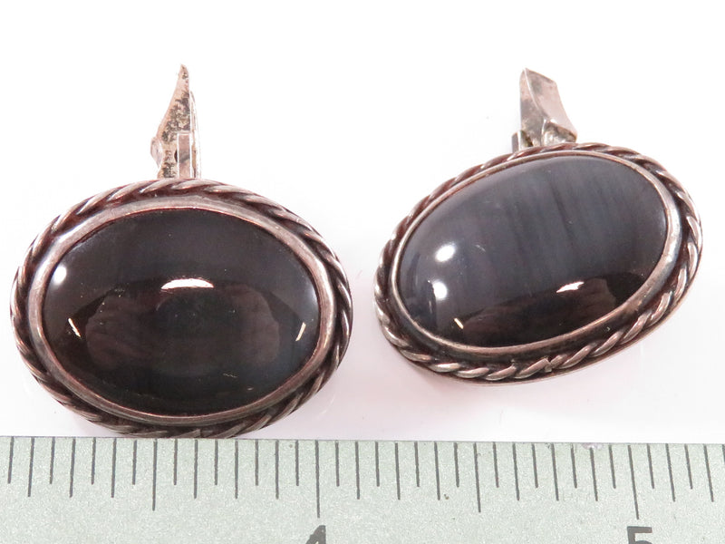 Sterling Silver Fancy Oval Polished Stone Twisted Wire Surround Bullet Back Dres