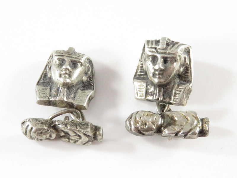 Art Deco King Tut Egyptian Revival 900 Silver Cufflink Set with Chain Linked Mum