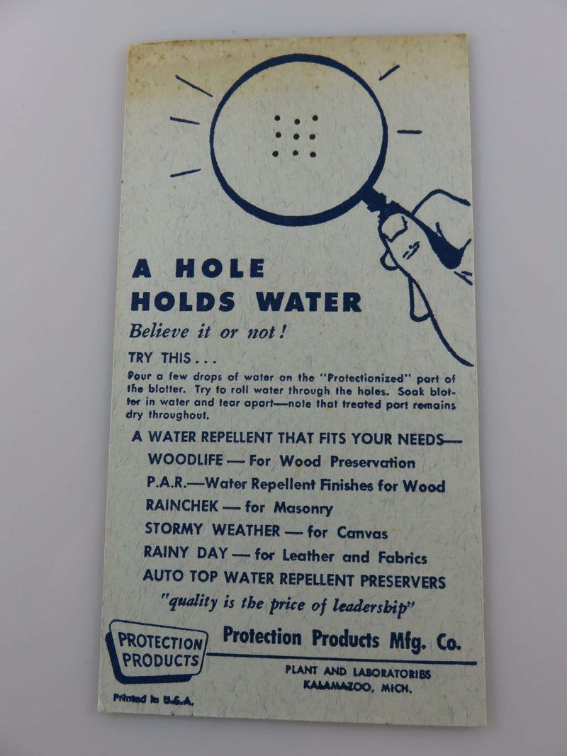 A Hole Holds Water Advertising Card by Protection Products Mfg. Co. Kalamazoo Mi