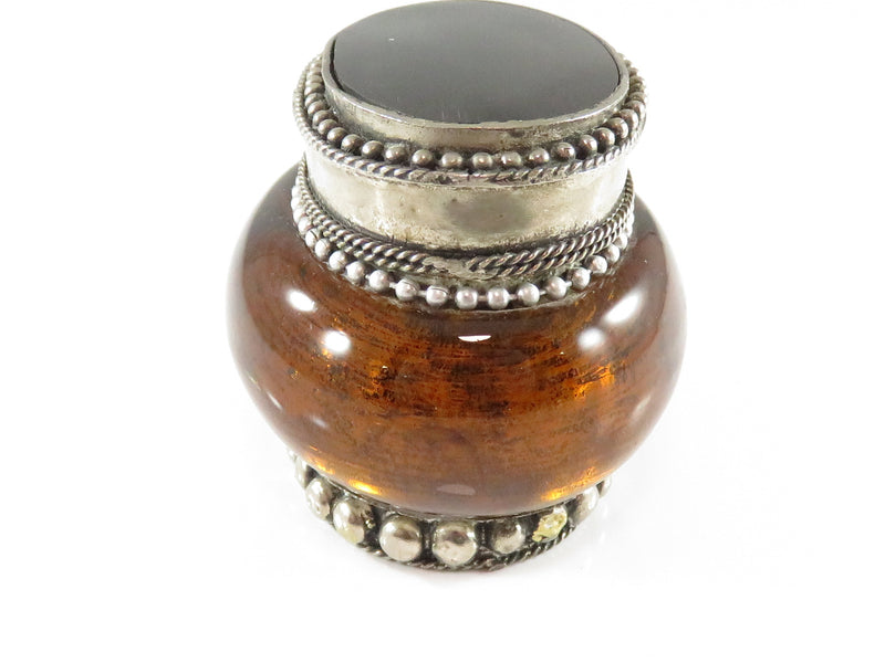 Vintage Oval Amber Glass Tibetan Silvered Trinket Makeup Jar with Black Stone