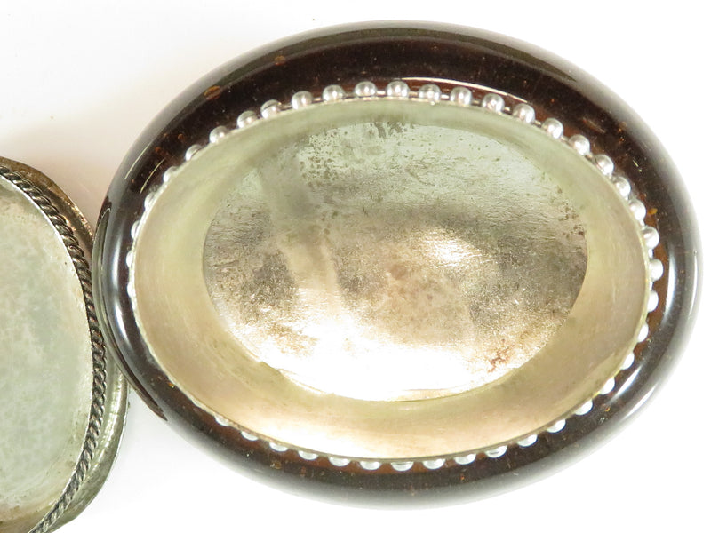 Vintage Oval Amber Glass Tibetan Silvered Trinket Makeup Jar with Black Stone