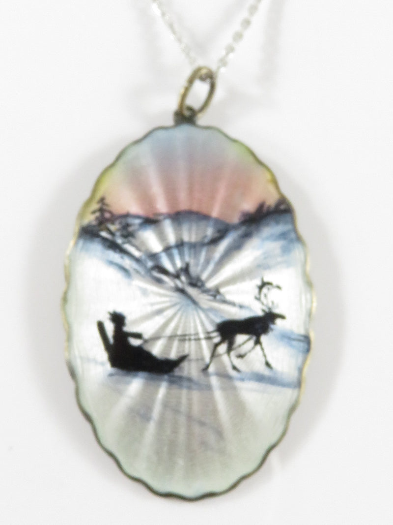 Sterling and Enamel Norwegian Reindeer Sleigh Pendant by O.F. Hjortdahl of Oslo