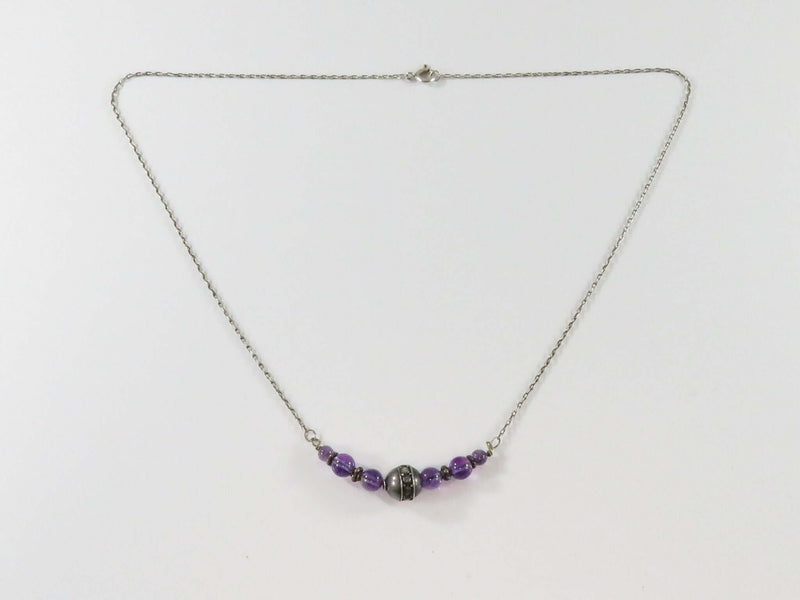 17 3/4" Sterling Silver Necklace with 6 Round Polished Amethyst and Sterling Ball