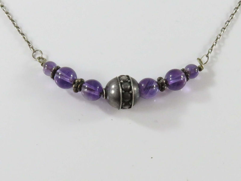 17 3/4" Sterling Silver Necklace with 6 Round Polished Amethyst and Sterling Bal