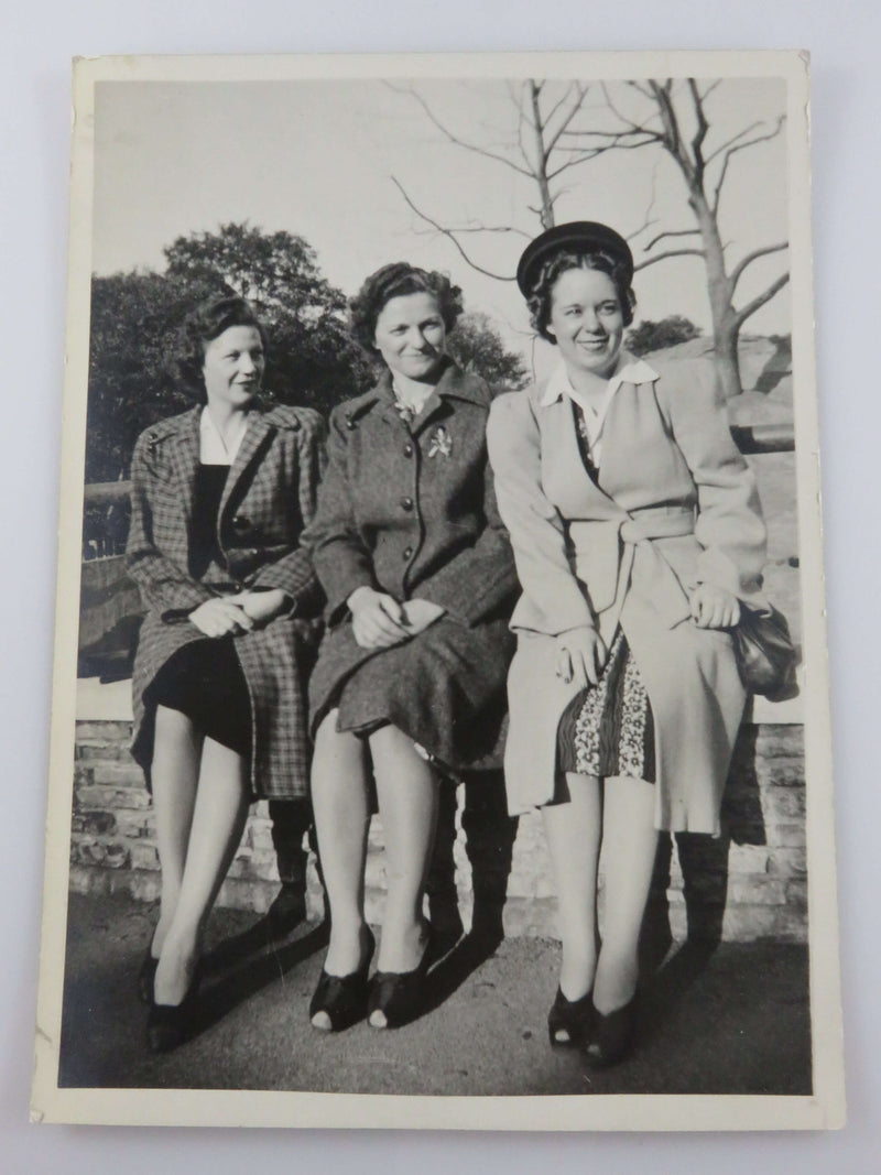 3 Named Woman Sitting on Wall Black & White 1942 Vintage Photograph 7" x 5"