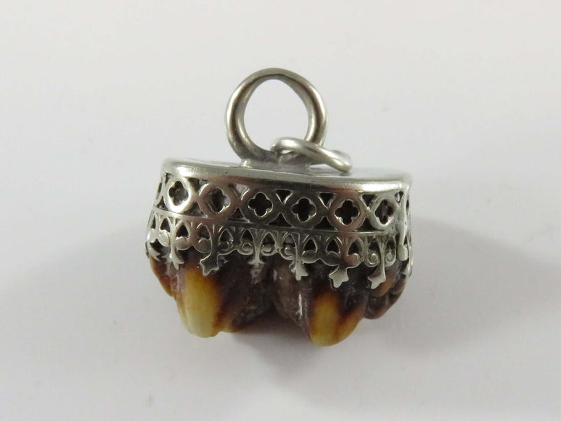 Antique Silver Tone Pocket Watch Moose Tooth Fob Charm
