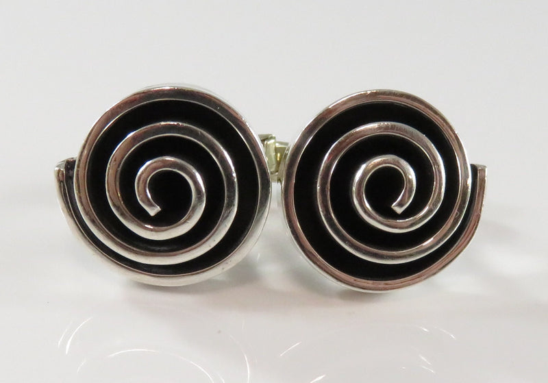 Vintage Sterling Round Spiraling Geometric Form Cufflink Set Mid Century Taxco Mexico