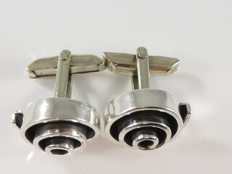 Vintage Sterling Round Spiraling Geometric Form Cufflink Set Mid Century Taxco Mexico