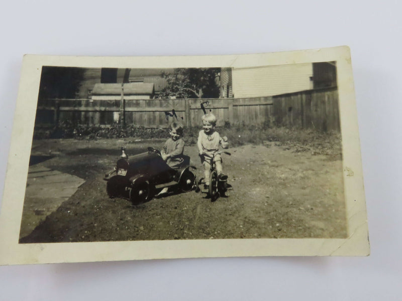 1930 Pedal Car & Tricycle Two Little Boys Black and White Photograph 4  1/2" x 2 3/4"