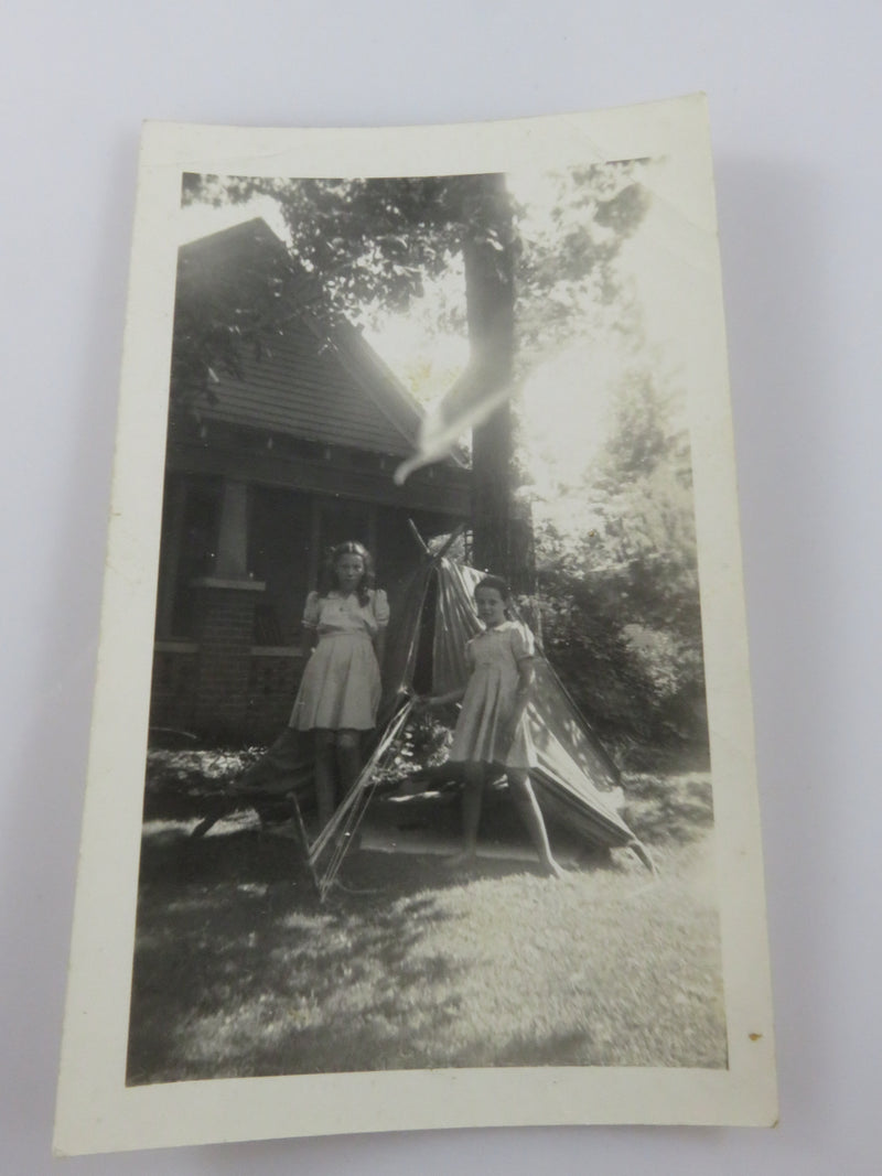 Tent House & 2 Young Girls Vintage Black & White Photograph 4  3/4" x 2 7/8"