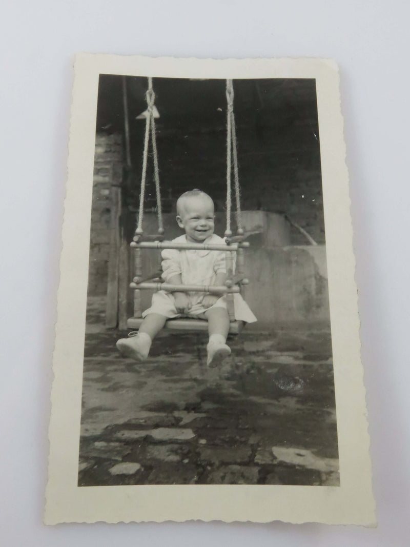 10 Month Old Baby Little Girl in Swing 1930's Black & White Photograph 4 3/4" x