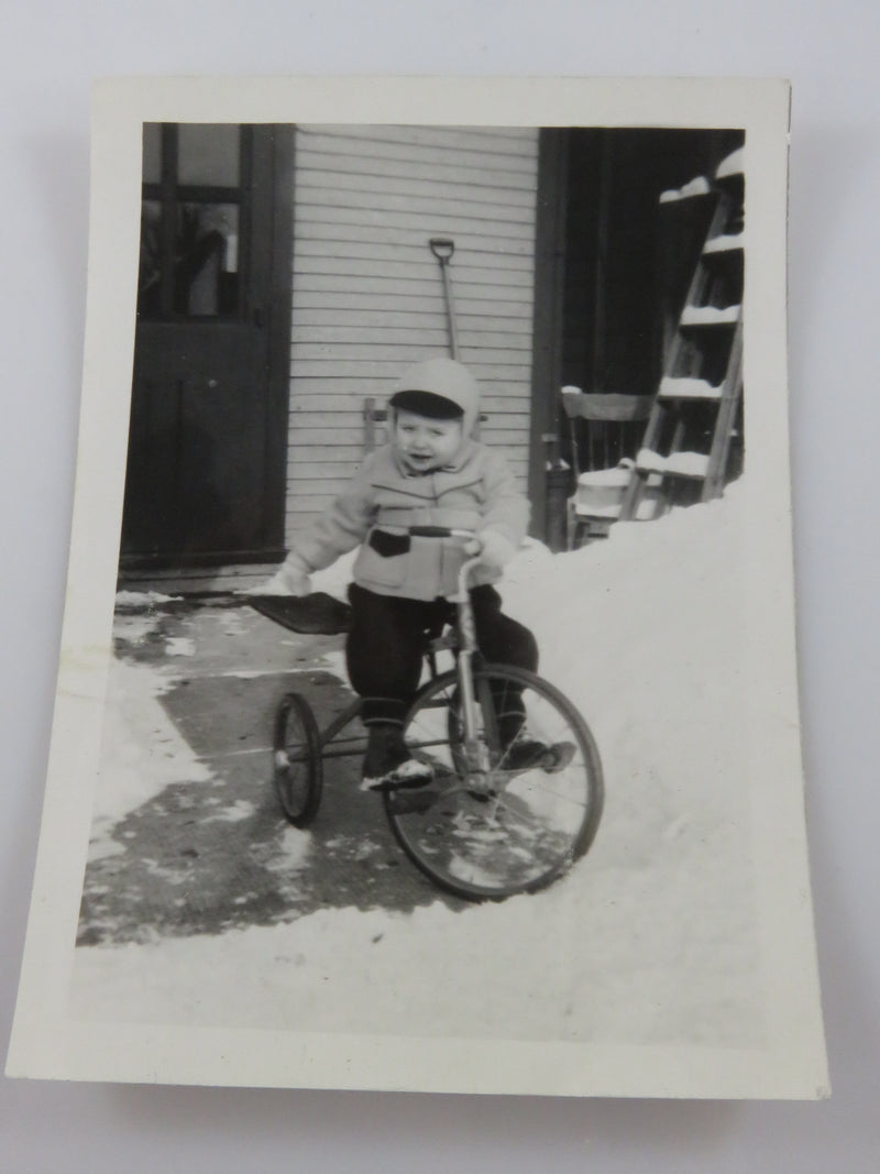 Toddler on Tricycle with Snow Surround 1943 Black & White Photograph 4 1/2" x 3