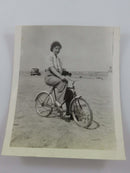July Woman on Bike at Beach Canada 1942 Black & White Photograph 3 7/8" x 3 1/4" product image for Just Stuff I Sell, clear front view, neutral background, original listing photo, optimized descriptive alt text, centered composition