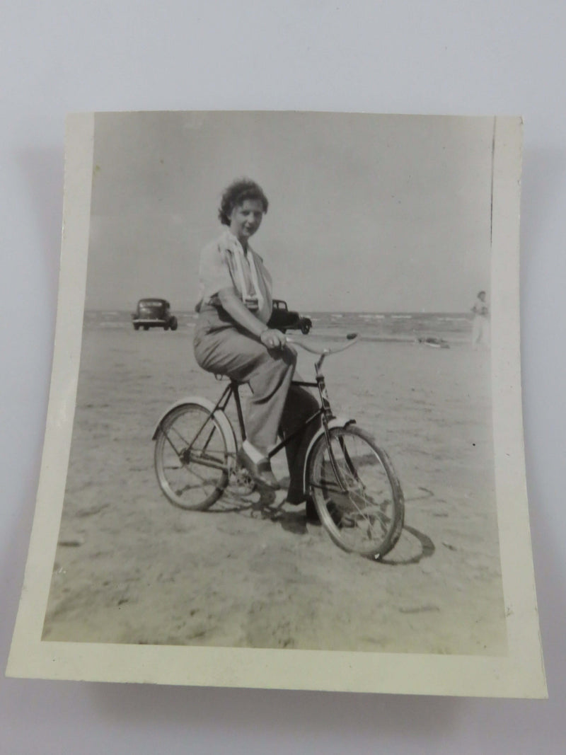 July Woman on Bike at Beach Canada 1942 Black & White Photograph 3 7/8" x 3 1/4"