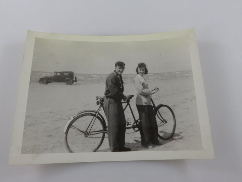 Woman Man 2 Seater Bike at Wasasga Beach Canada 1942 B & W Photograph 4 1/2" x 3 1/4"