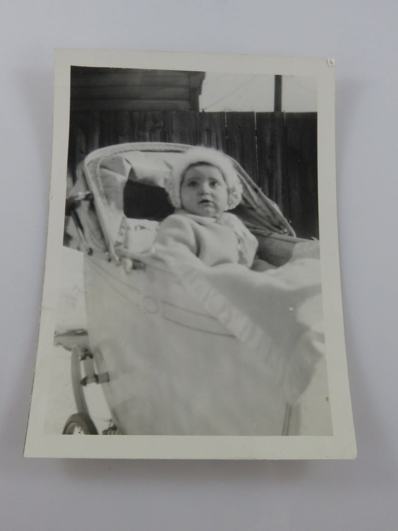 Pudgy Little Baby Face in Fancy Stroller 1943 B & W Photograph 4 1/2" x 3 1/4"