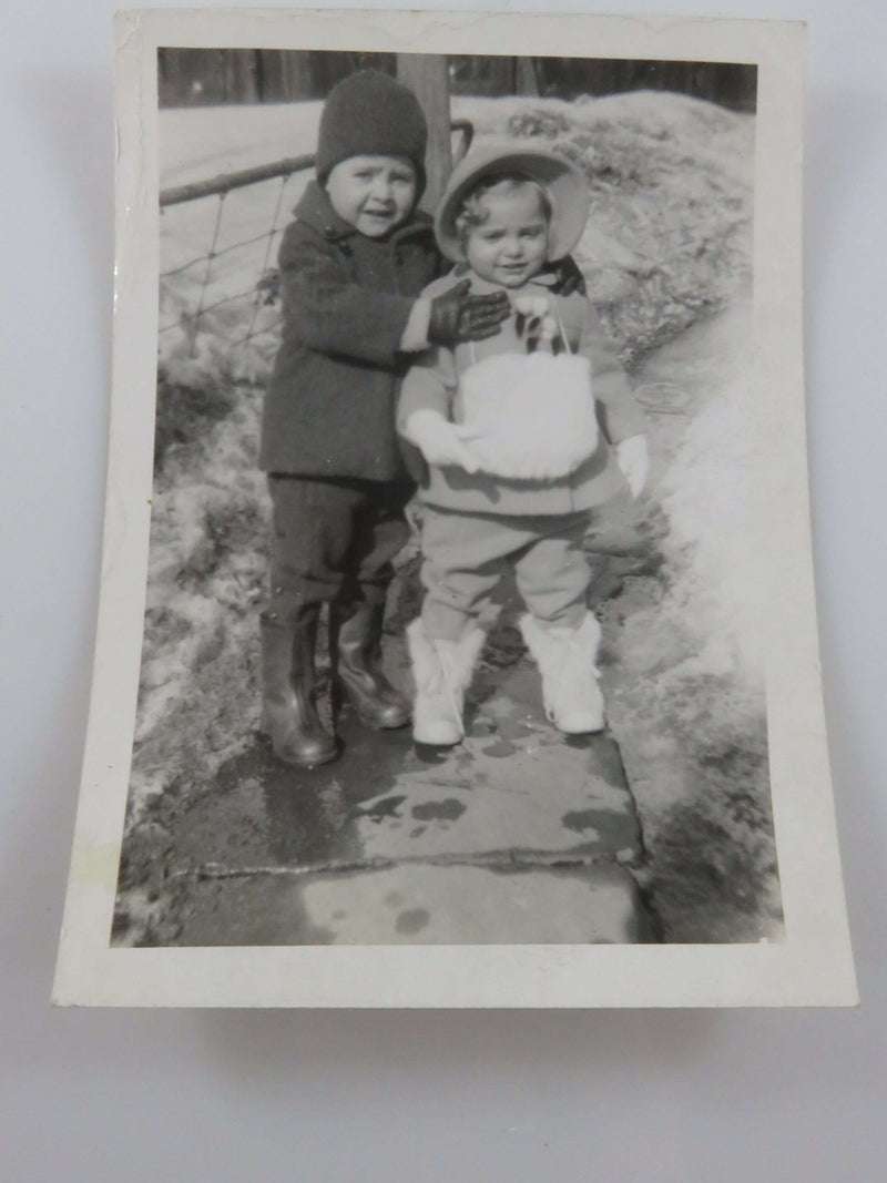 Brother Hugging Sister Toddlers Posing 1940's B & W Photograph 4 1/2" x 3 1/4"