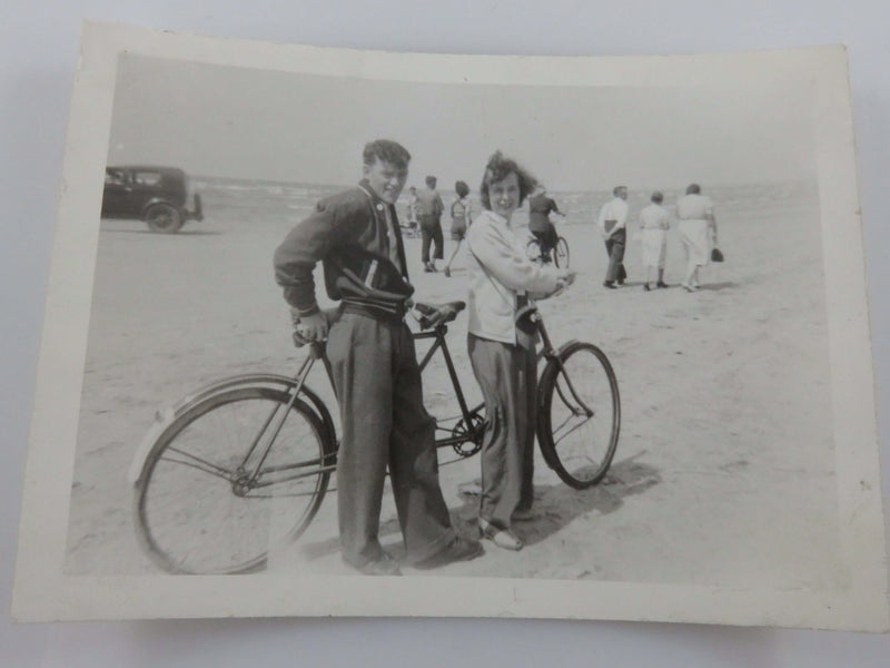 Brother Sister 2 Seater Bike, Crowd, Wind at Wasasga Beach Canada 1942 B & W Pho