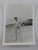 Man Posing in Bathing Suit, w/Hat & Ice Cream Cone Wasasga Beach Canada 1942 Photograph 4 1/2" x 3 1/4" — front view