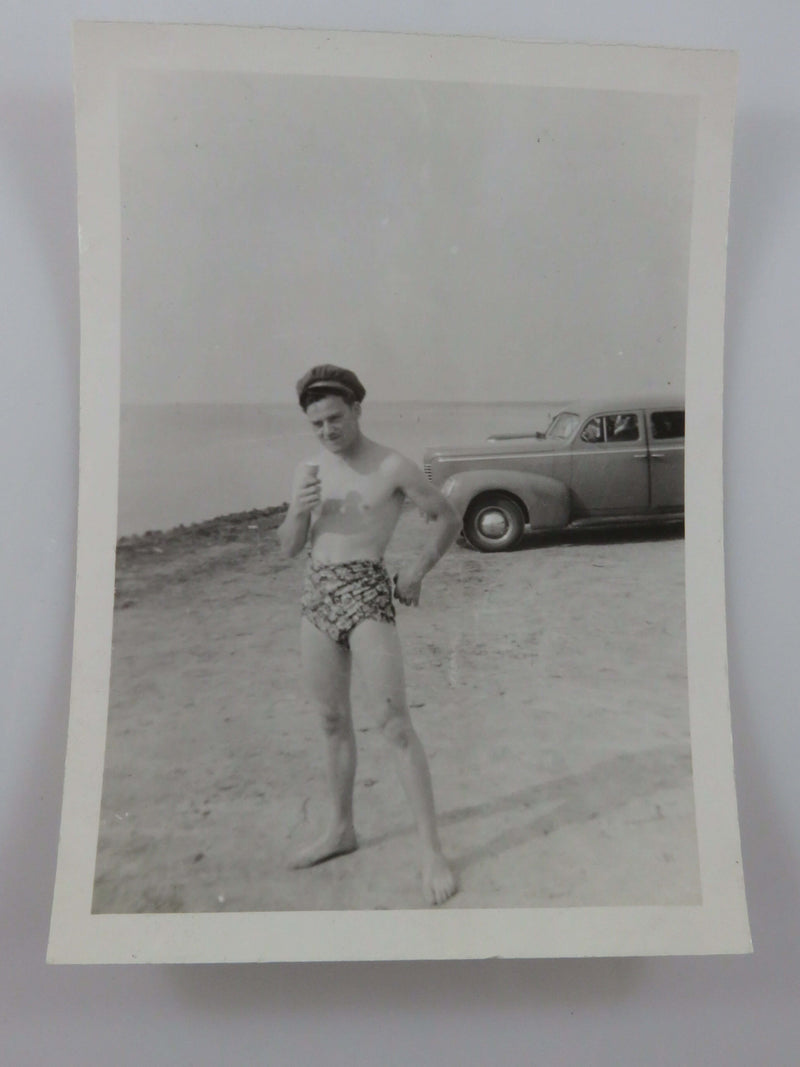 Man Posing in Bathing Suit, w/Hat & Ice Cream Cone Wasasga Beach Canada 1942 Photograph 4 1/2" x 3 1/4"