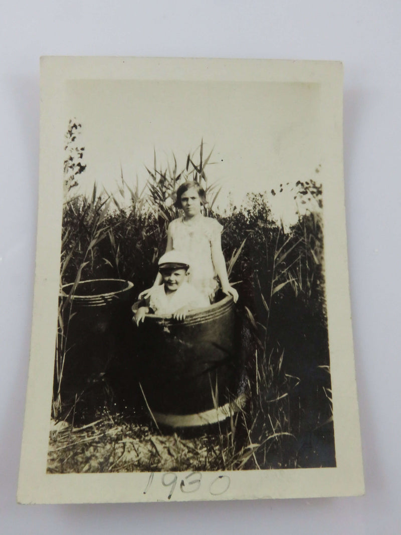 Little Girl and Little Boy Posing Inside a Barrel Detroit MI  B & W Photo 3 1/2" x 2 1/2"