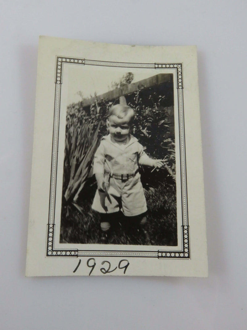Little Boy in the Garden All Dressed Up Brantford Ontario B & W Photo 3 1/4" x 2 1/4"