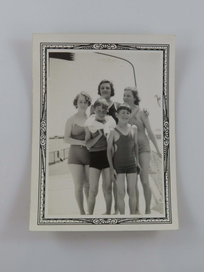 5 Sitters Posing Bathing Suits Detroit Michigan 1937 B & W Photograph 3 3/4" x 2 3/4"