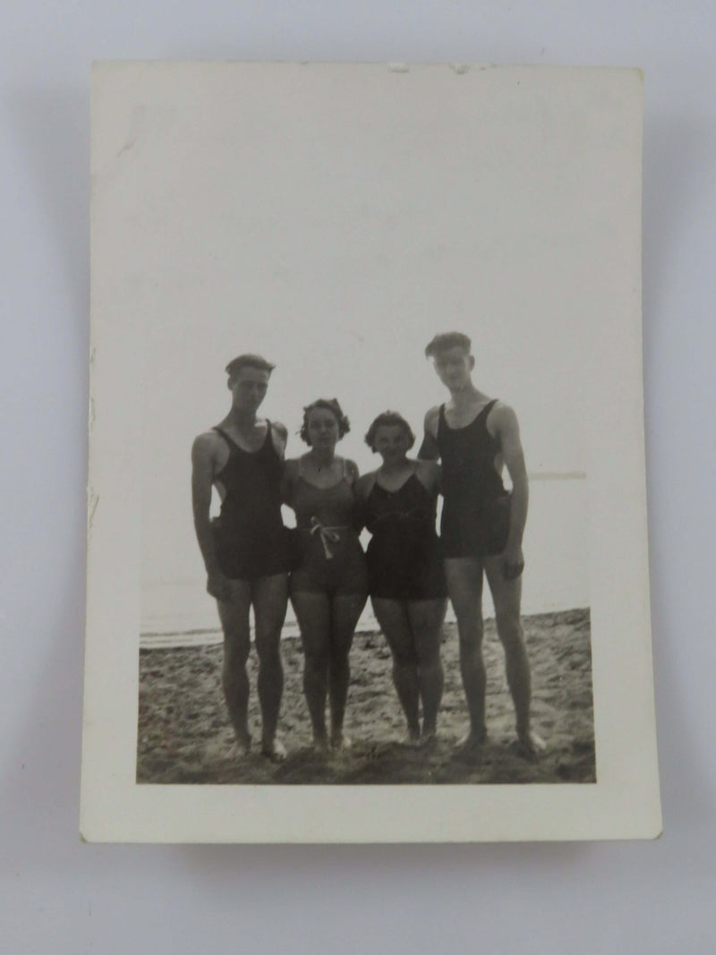 Group of Swimmer Posing on Beach at Port Dover Beach B & W Photograph 3 1/2" x 2
