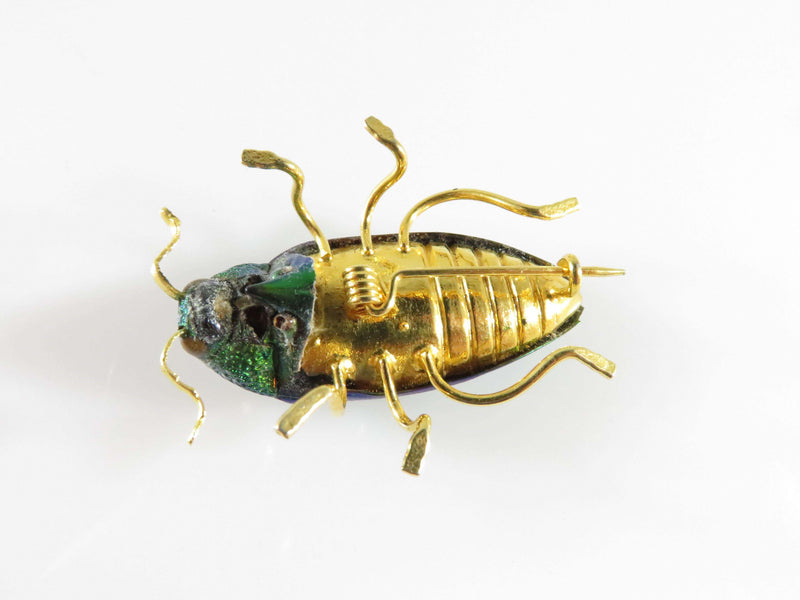 Genuine Iridescent Scarab Beetle Brooch Pin in Gilt Setting Lovely Egyptian Themed - Just Stuff I Sell