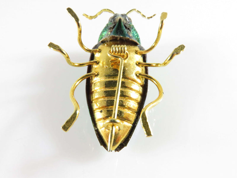Genuine Iridescent Scarab Beetle Brooch Pin in Gilt Setting Lovely Egyptian Themed - Just Stuff I Sell