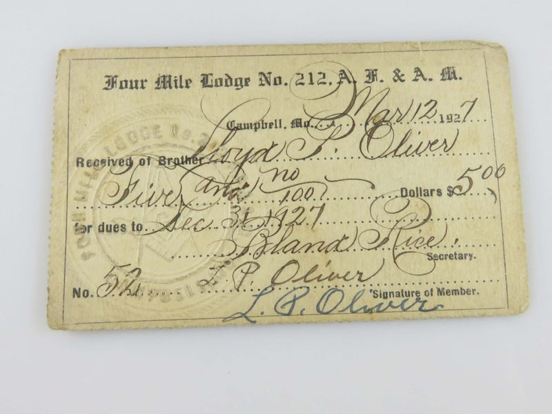 1927 Masonic Four Mile Lodge No 212 Campbell MO Lloyd P Oliver Membership Card