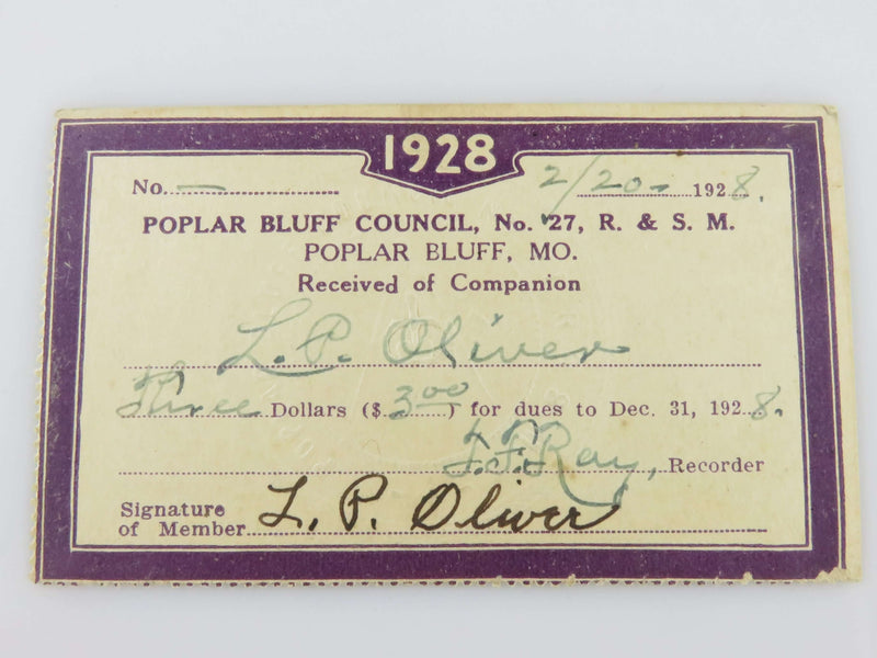 1928 Masonic Poplar Bluff Council No 27 Poplar Bluff MO Lloyd P Oliver Membershi