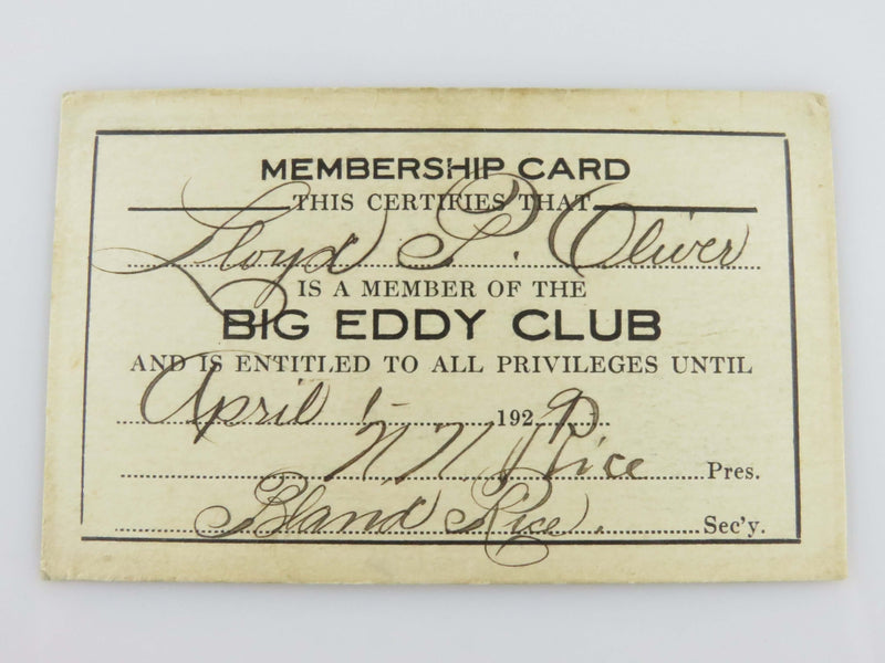 1929 Big Eddy Club N.N. Rice, Bland Rice, Lloyd P Oliver Membership Card