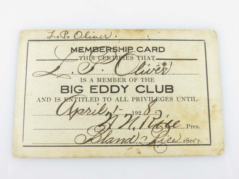 1928 Big Eddy Club N.N. Rice, Bland Rice, Lloyd P Oliver Membership Card