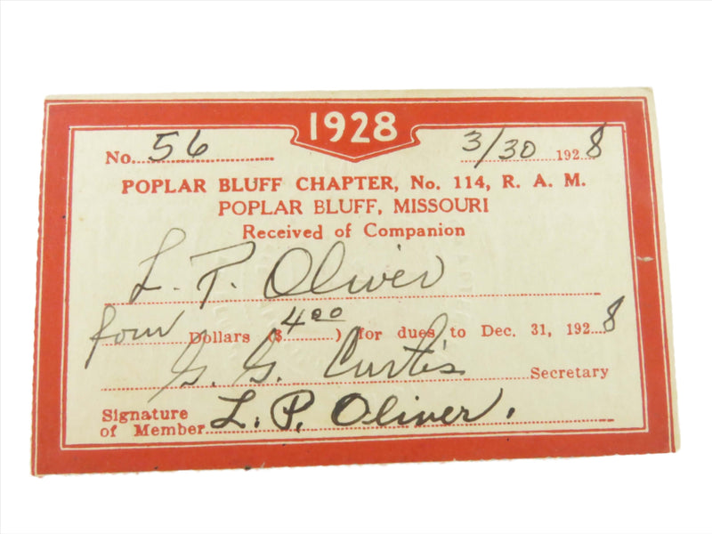 1928 Masonic Poplar Bluff Chapter No 114 Poplar Bluff MO Lloyd P Oliver Membership Card