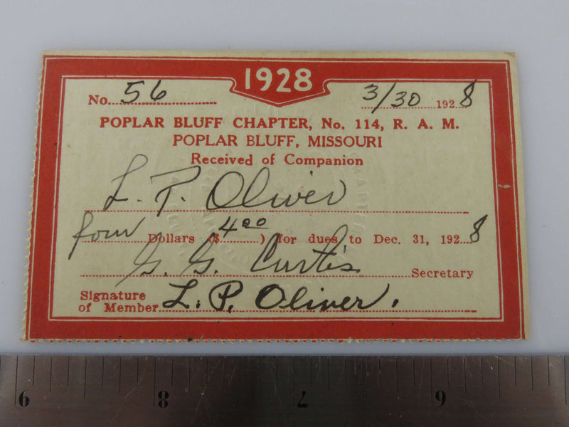 1928 Masonic Poplar Bluff Chapter No 114 Poplar Bluff MO Lloyd P Oliver Membership Card