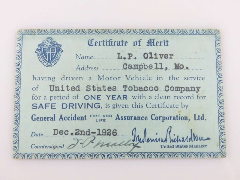 Dec 2nd 1926 Certificate of Merit US Tobacco Company General Accident Insurance