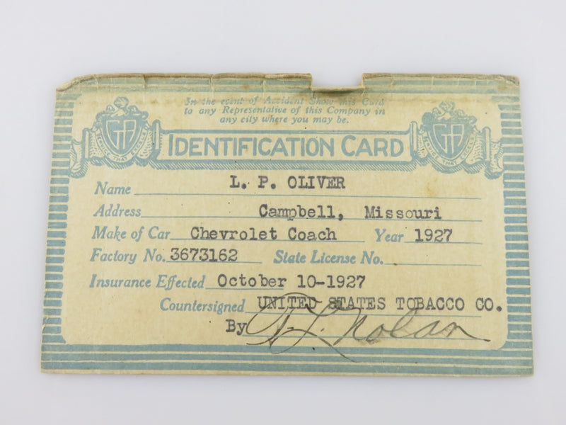 Oct 10 1927 Identification Card US Tobacco Company General Accident Insurance Ca