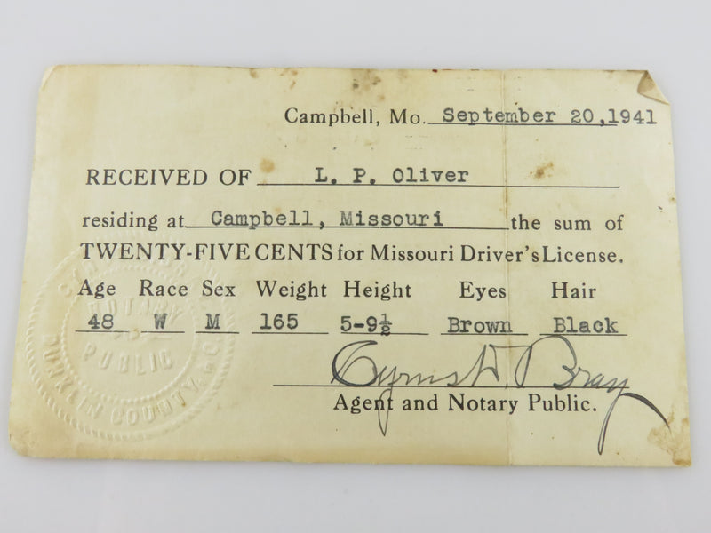 Sept 20 1941 State of Missouri Driver's License for L.P. Oliver Campbell MO