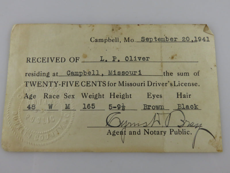 Sept 20 1941 State of Missouri Driver's License for L.P. Oliver Campbell MO
