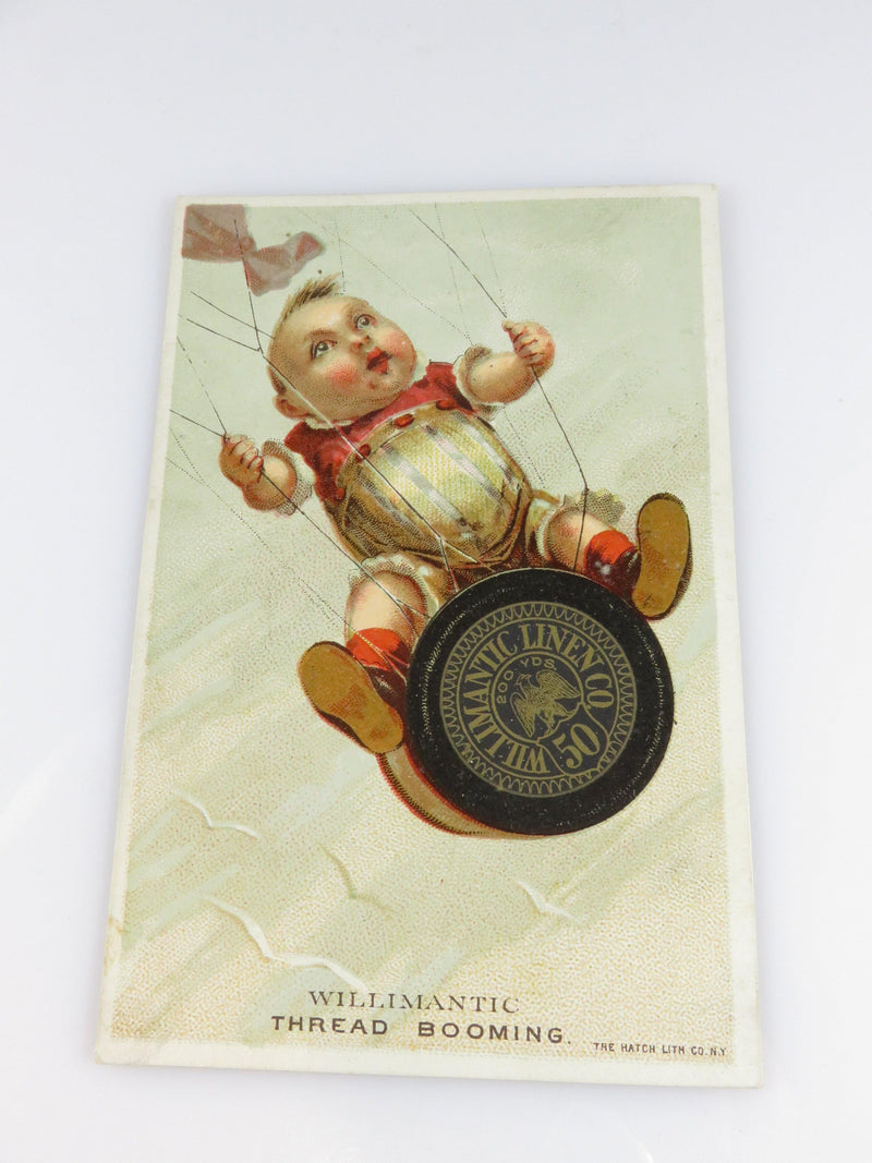 Willimantic Thread Booming Baby Flying Trade Card Rare Willimantic Linen Co - Just Stuff I Sell