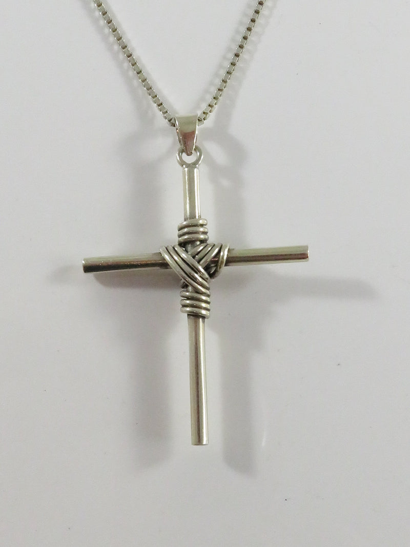 Vintage Sterling Wire Wrapped Post Form Christian Cross with 24" Box Chain Neckl