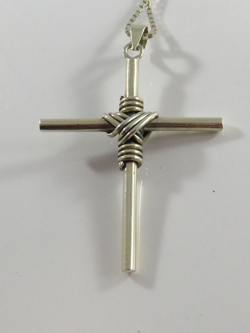 Vintage Sterling Wire Wrapped Post Form Christian Cross with 24" Box Chain Neckl