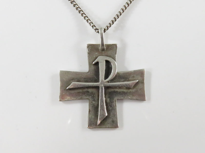 Sterling Christian Staurogram Cross Pendant Tau-Rho Cross 18" Curb Chain