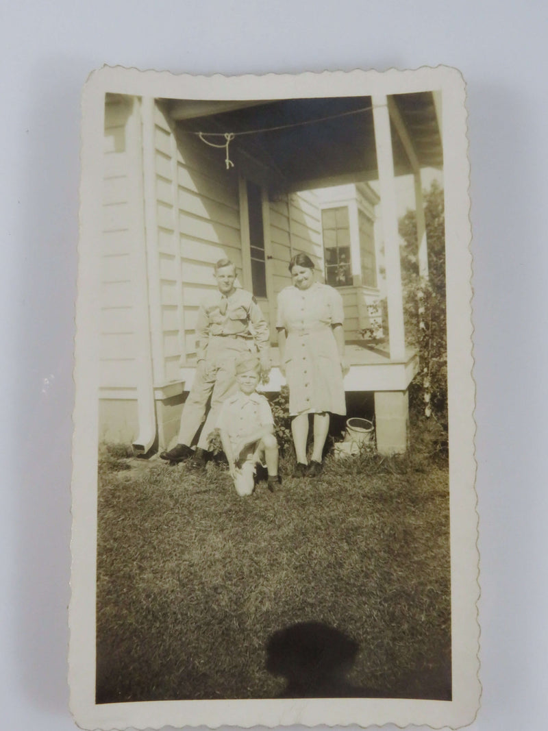 Husband Wife Son Posing on Stoop of House Circa 1940's 4 1/2" x 2 3/4"