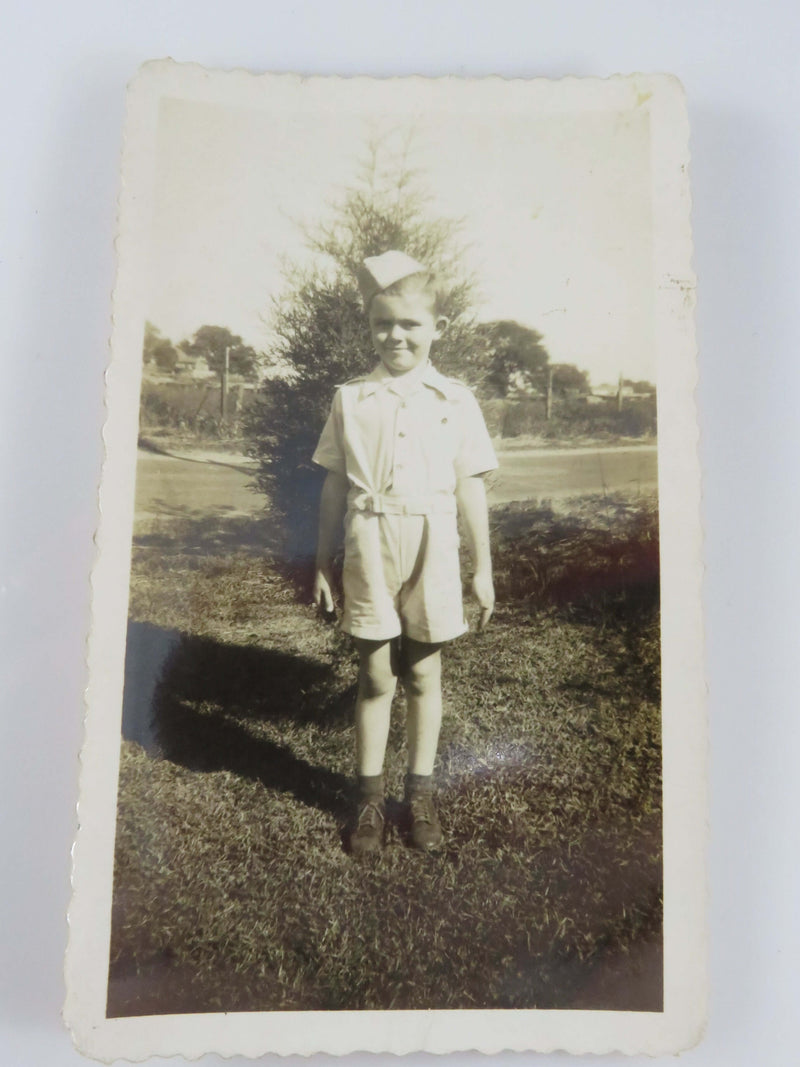 Cute Little Boy Posing in Fathers Military Hat Circa 1940's 4 1/2" x 2 3/4"