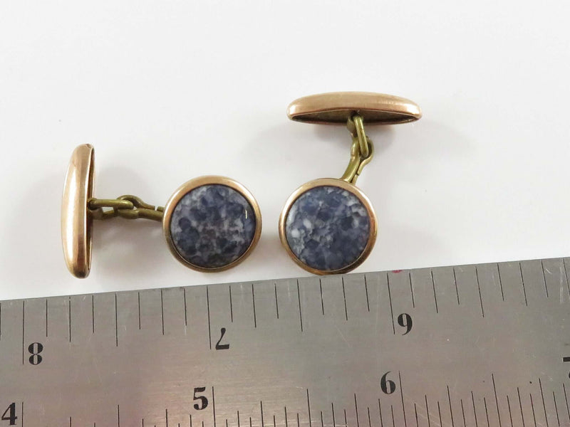 Antique Rose Gold Topped Cufflink Set with Blue White Polished Stone