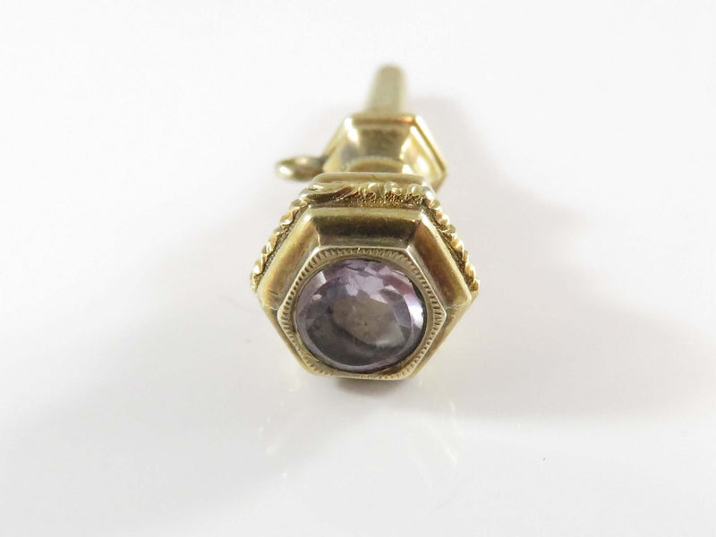 Antique Gold Filled Victorian Pocket Watch Key with Amethyst Stone 1 1/4" Long