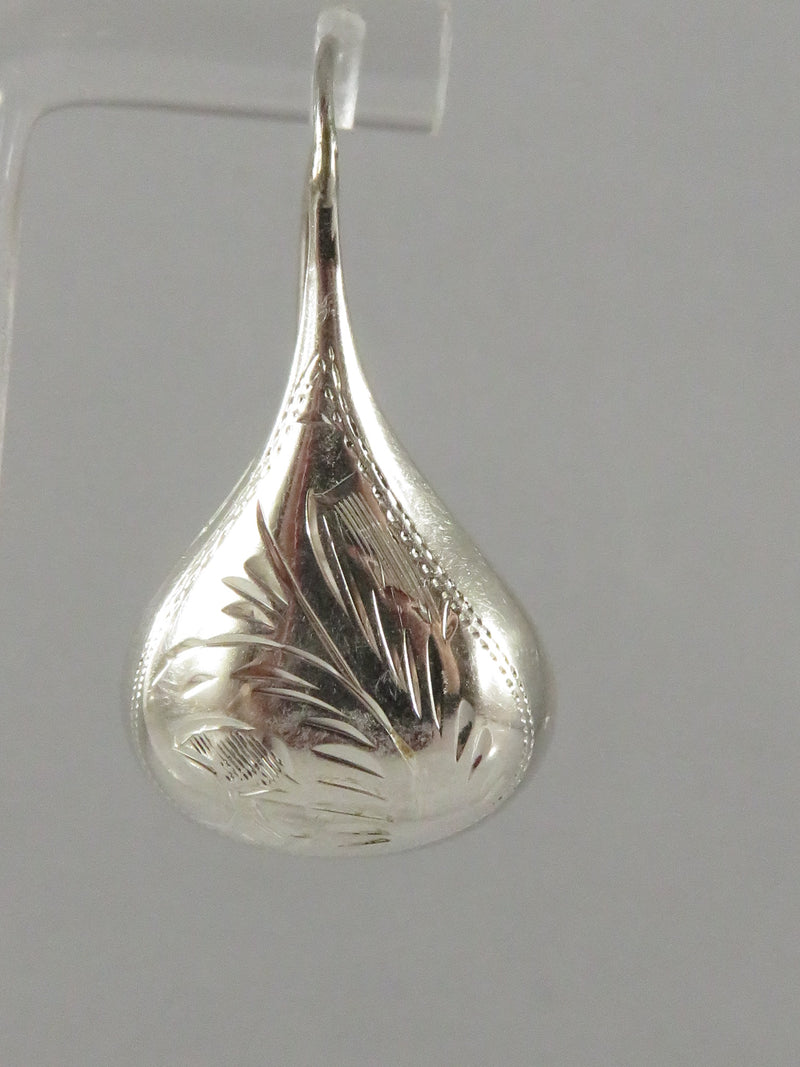 Puffy Teardrop 1 1/2" Hook Dangling Earring Set Sterling Silver Etched Design