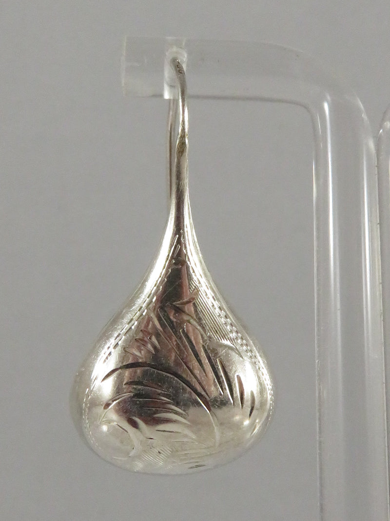 Puffy Teardrop 1 1/2" Hook Dangling Earring Set Sterling Silver Etched Design